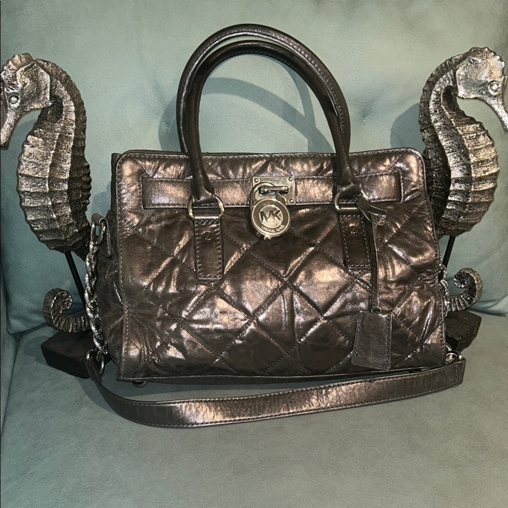 Michael Kors Hamilton Gun Metal Metallic Quilted Satchel w/lock EUC